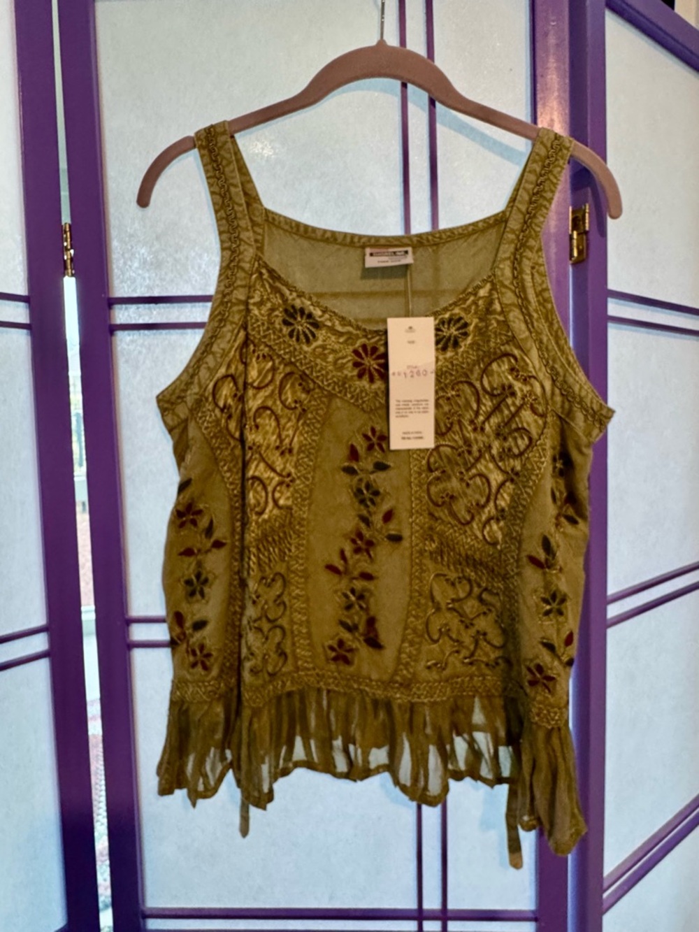 Olive Embroidered Tayon Tank Top